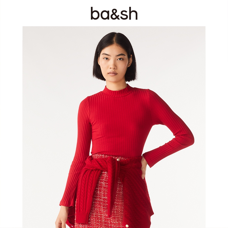 ba&sh秋冬新款高级感红色气质竖纹打底长袖针织衫1E24MYST