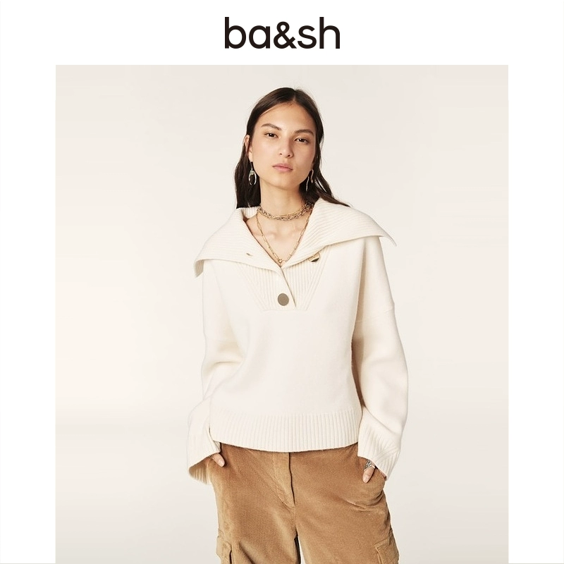 【流光风】ba&sh 秋冬毛衣羊毛混纺大翻领奶油色法式针织衫1H24BIVA