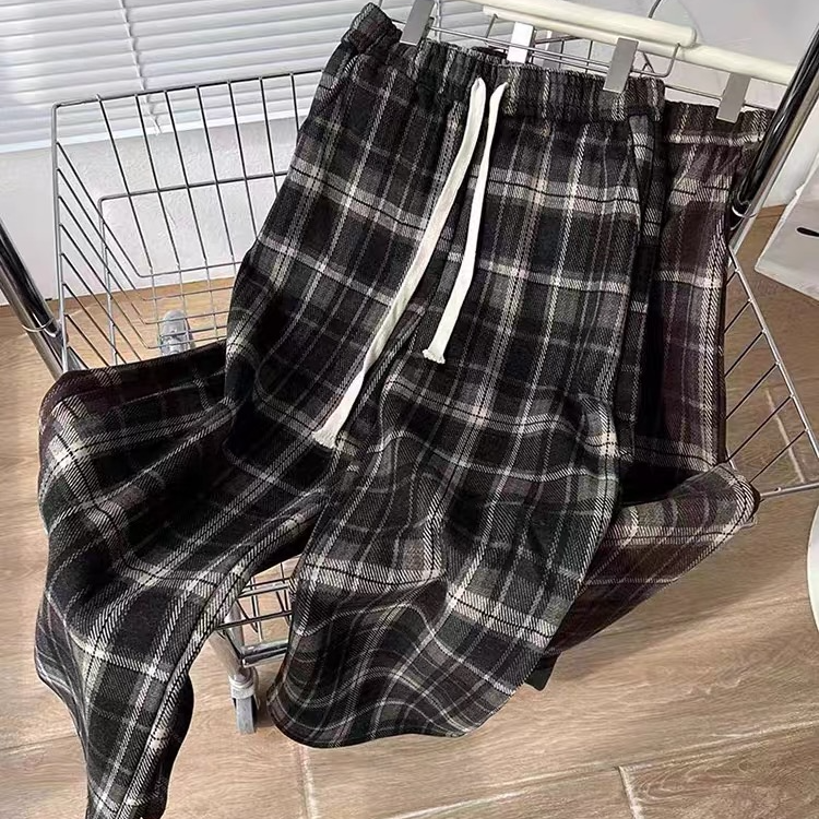 2025秋冬加绒加厚经典格子格纹阔腿裤松紧腰直筒长裤