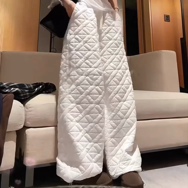 菱形格加棉棉裤2024秋冬新款休闲阔腿裤直筒拖地裤