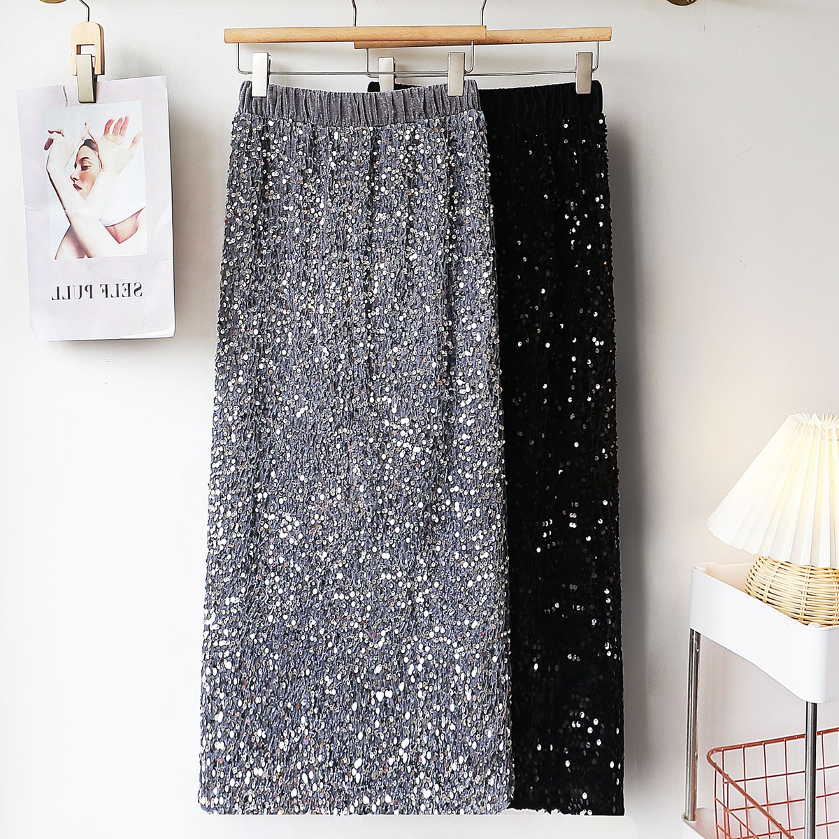 新款开叉亮片中长款包臀半身裙女
