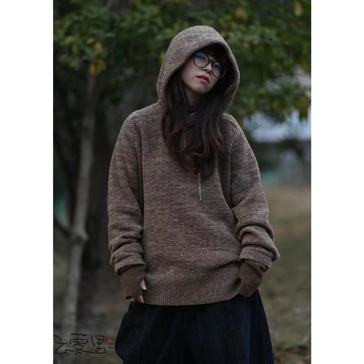 云雾里1270#原创设计复古文艺休闲保暖连帽针织卫衣 