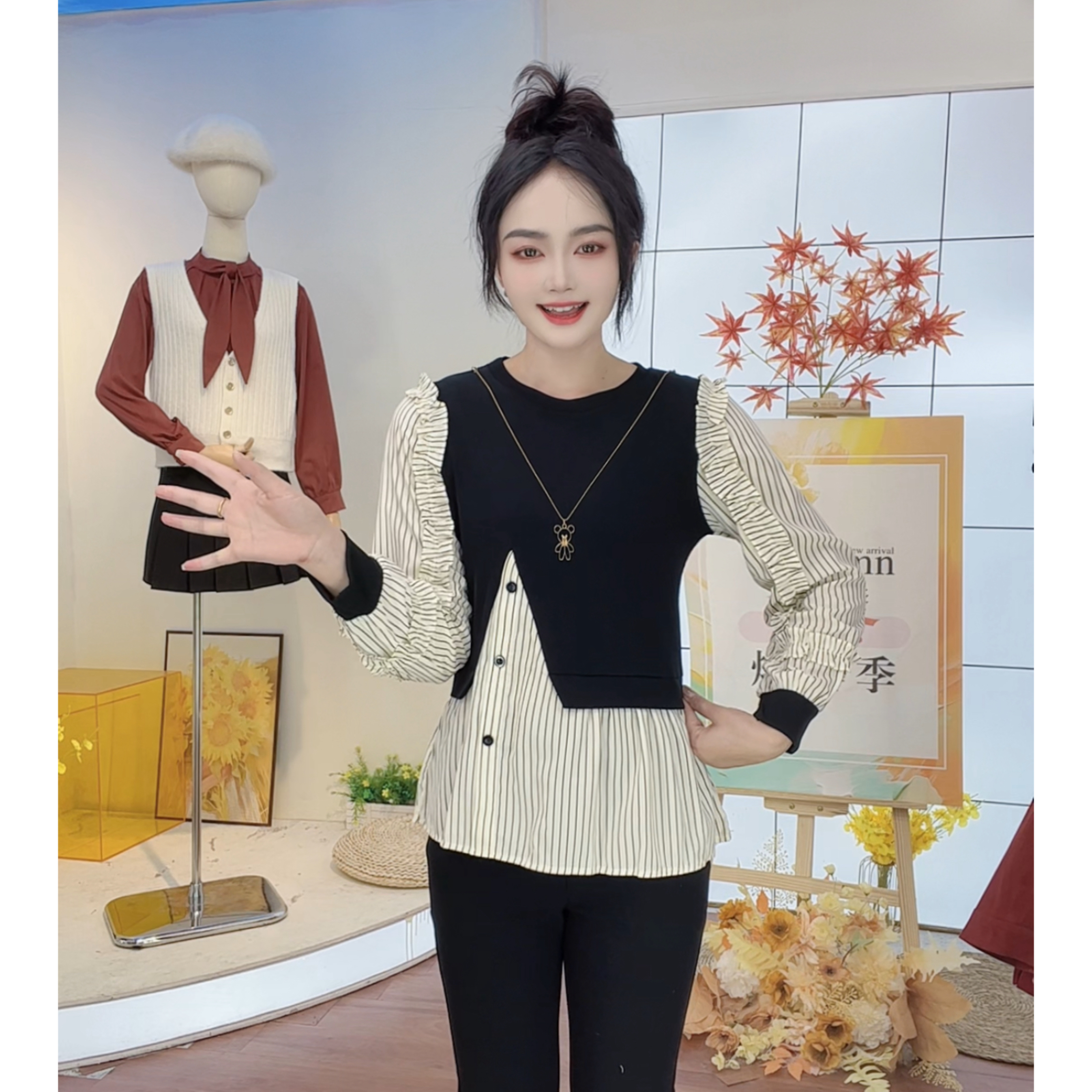 一优服饰 新款假两件韩版衬衫女气质百搭宽松遮肉减龄上衣