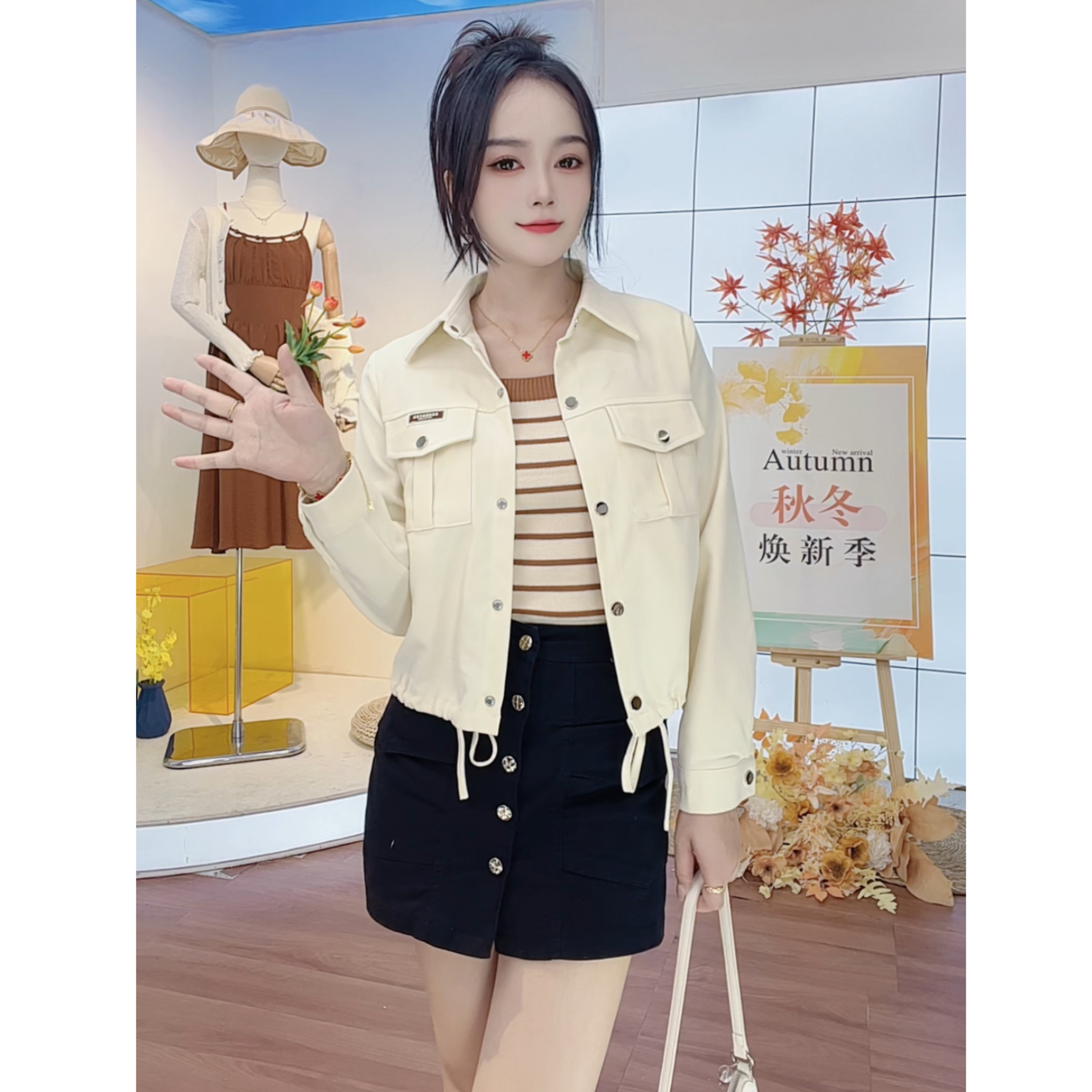 【一优】磨毛修身显瘦时尚百搭短款长袖两件套外套