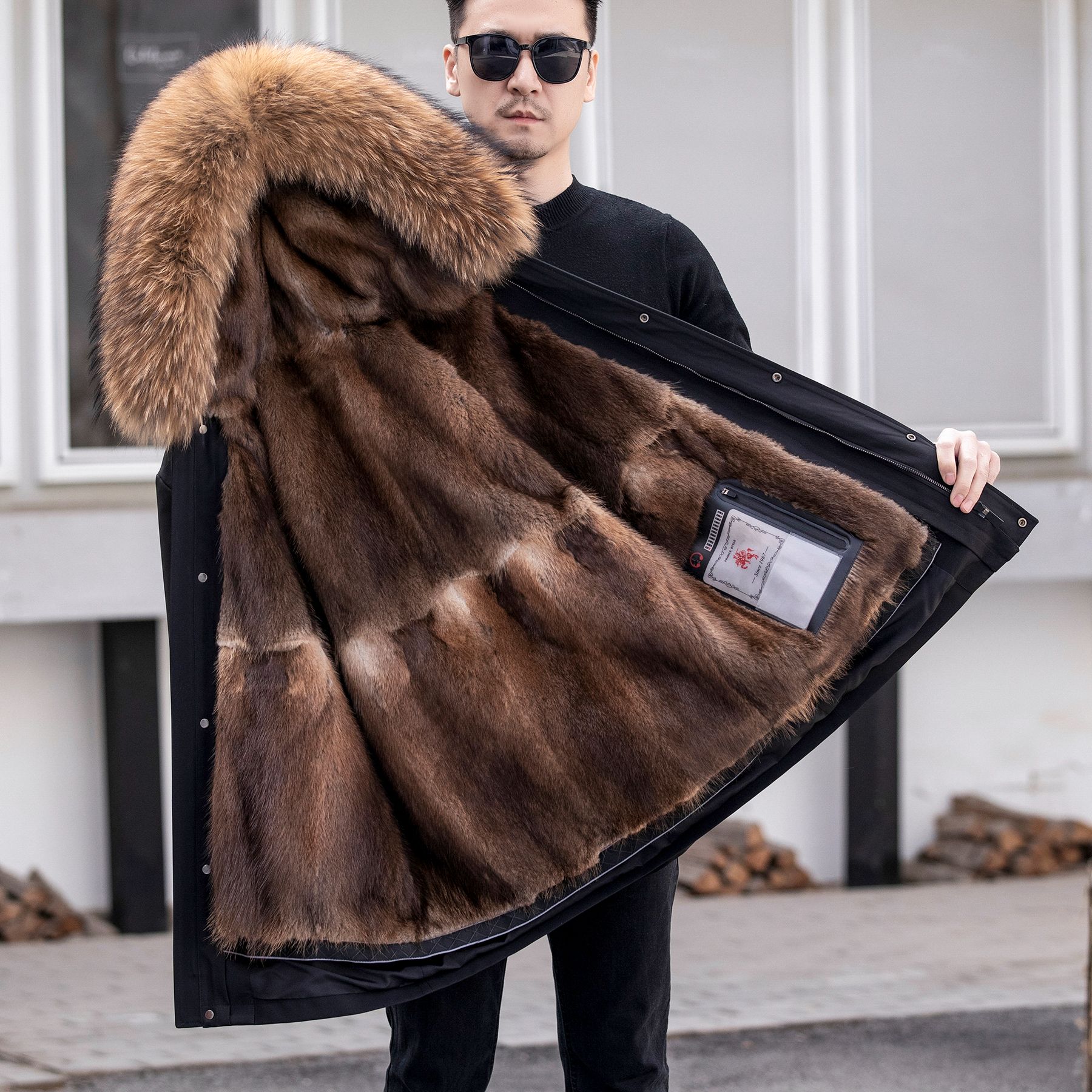 男士青根貂毛皮内胆皮草派克服貉子毛领加厚保暖冬中长款连帽外套