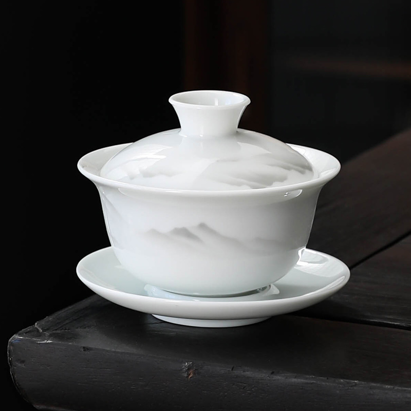 德化白瓷盖碗茶杯中式羊脂玉瓷三才盖碗家用高档陶瓷功夫茶具