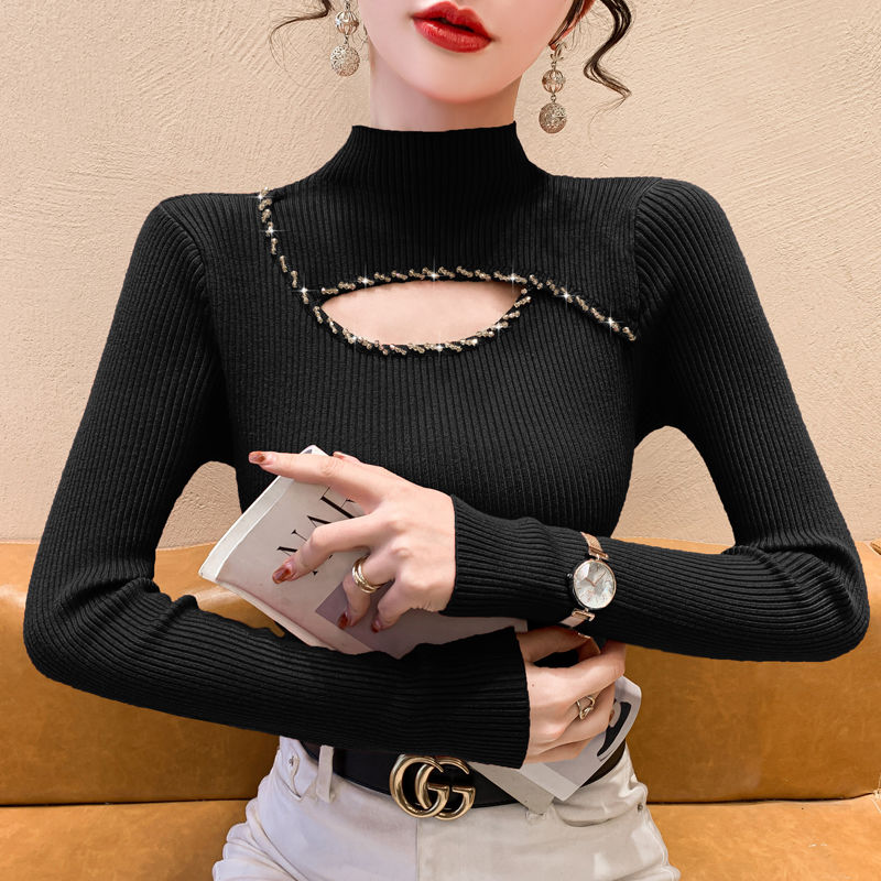 半高领毛衣女2023年秋冬新款时尚洋气上衣性感钉珠镂空针织打底衫