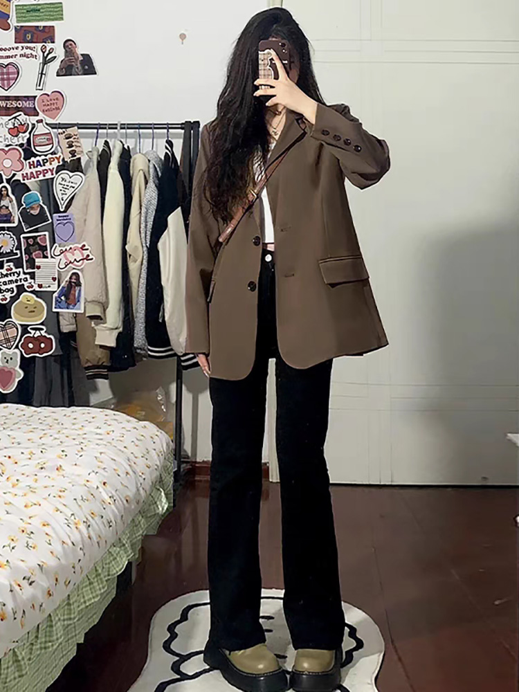 咖啡色西装外套女2025春秋新款韩版休闲宽松显瘦高级感百搭小西服
