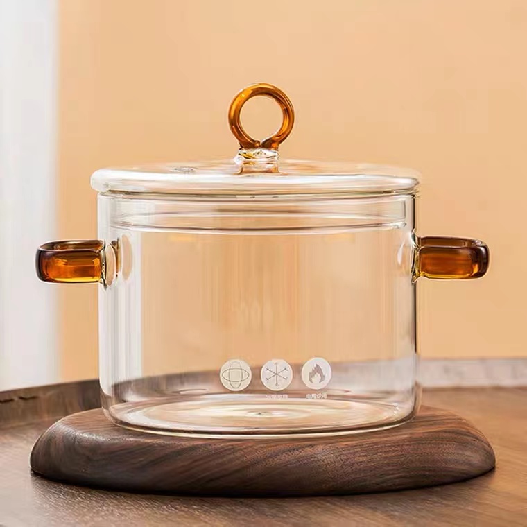 玻璃碗煮茶炖锅炖汤家用透明燃气明火耐热防炸裂高硼硅 双耳 带盖