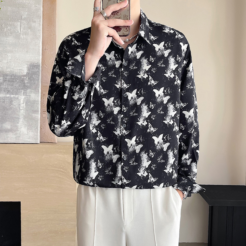 秋季男士长袖衬衫青年时尚痞帅个性上衣潮牌港风休闲蝴蝶印花衬衣