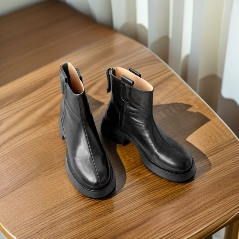 【手工真皮】5497秋冬4公分新款厚底短靴粗跟单靴马丁靴短筒圆头