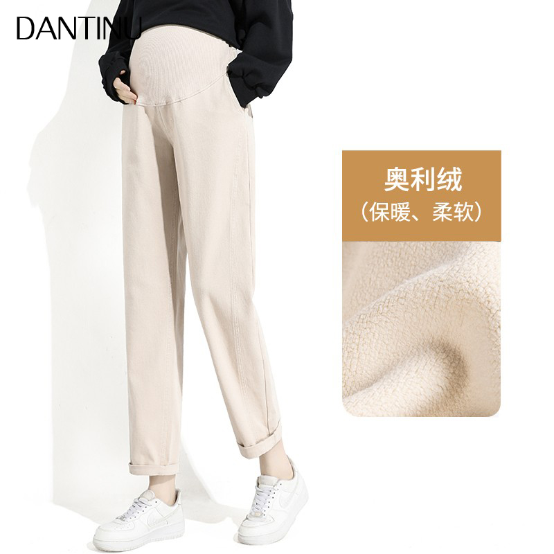 2022孕妇牛仔老爹裤秋冬外穿大码九分小个子冬季时尚阔腿保暖长裤
