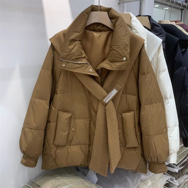 针织披肩立领羽绒服女小个子2023冬季韩版时尚设计保暖白鸭绒外套