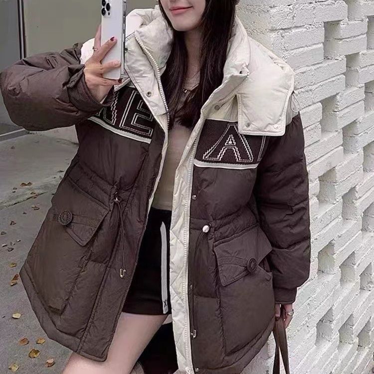 连帽撞色羽绒服2023新款加厚收腰小个子中长款羽绒服外套女