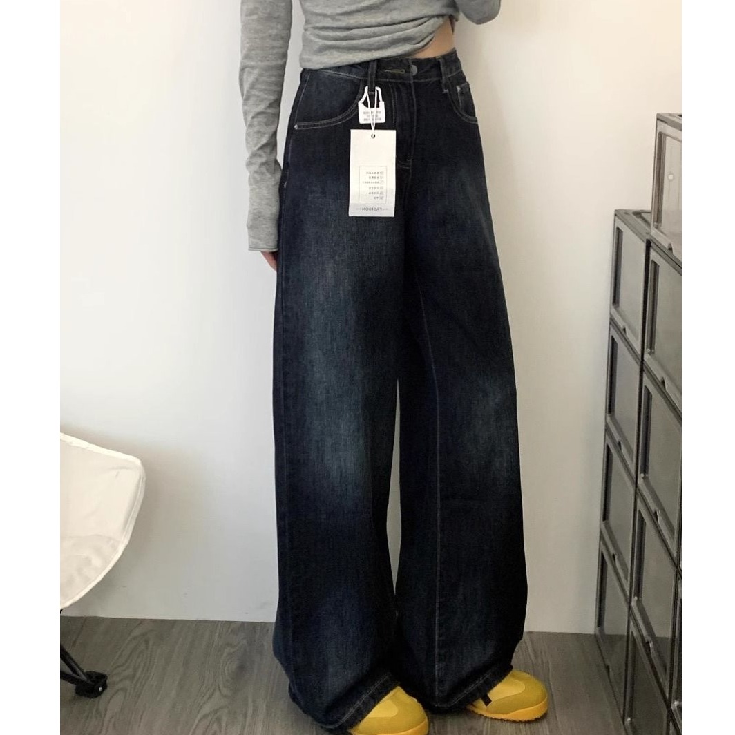 美式复古水洗宽松直筒牛仔裤女春夏新款高腰显瘦垂感百搭阔腿裤子