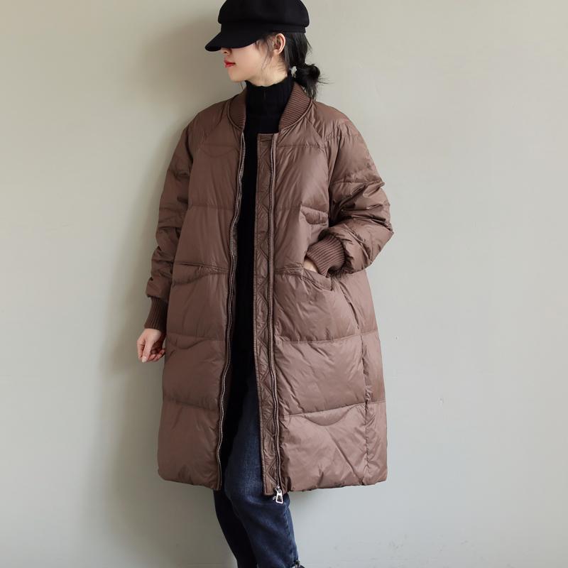 冬装新款球领纯色中长款白鸭绒保暖百搭宽松休闲羽绒服女外套