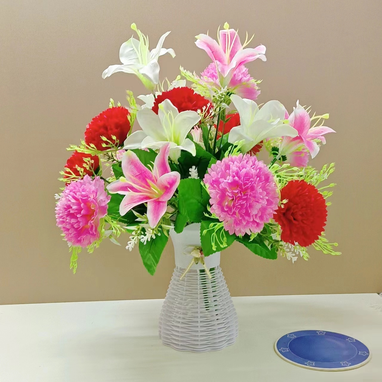 仿真康乃馨百合花束套装假花单支客厅装饰花绢花餐桌摆件花卉