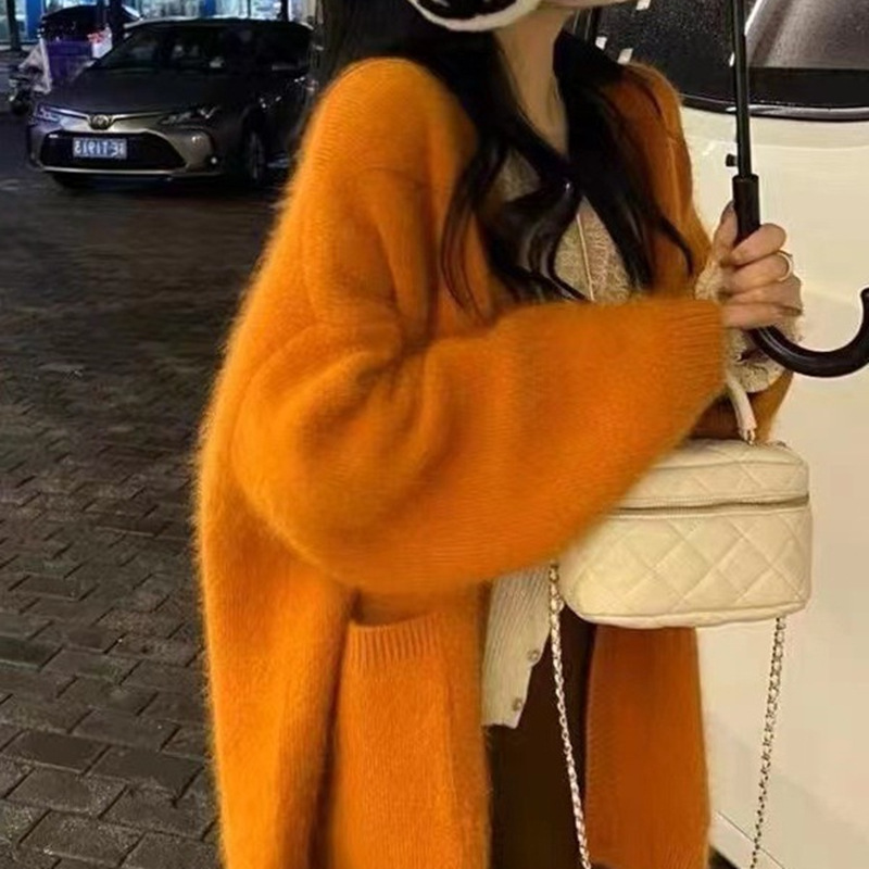 重磅韩国高级感软糯绒毛毛衣开衫女2023冬新宽松单排扣针织外套