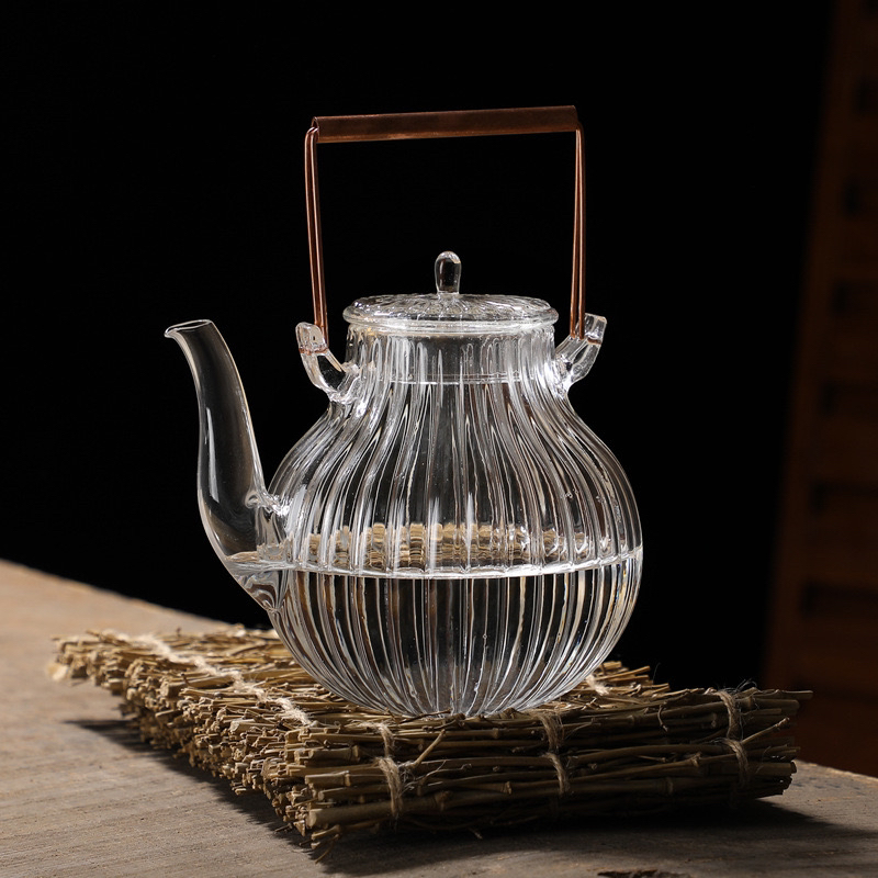家用耐热菊瓣纹玻璃烧水提梁壶复古茶具茶器