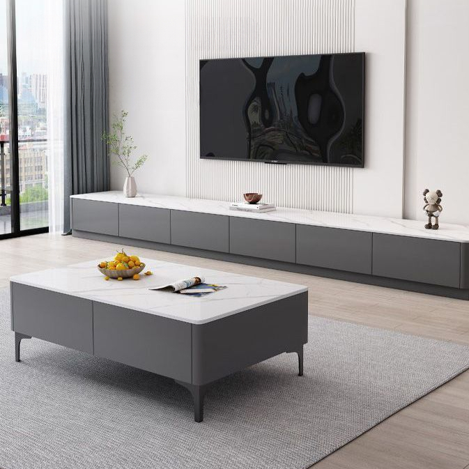 岩板电视柜茶几组合客厅实木落地岩板电视柜小户型悬浮柜大容量款