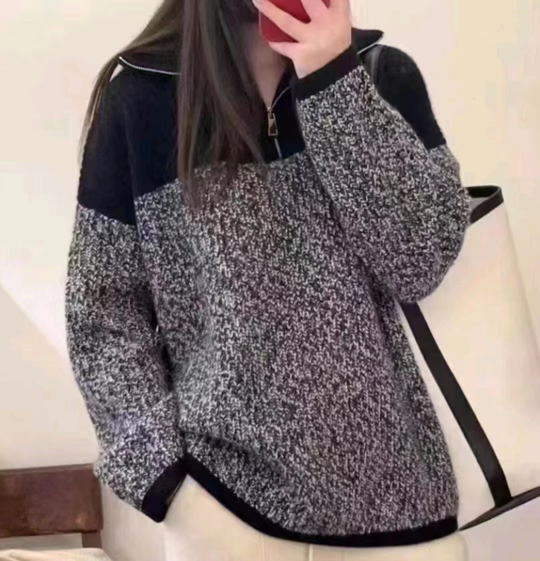 高领拉链100羊绒衫宽松拼色设计感欧货减龄套头针织衫长袖上衣女