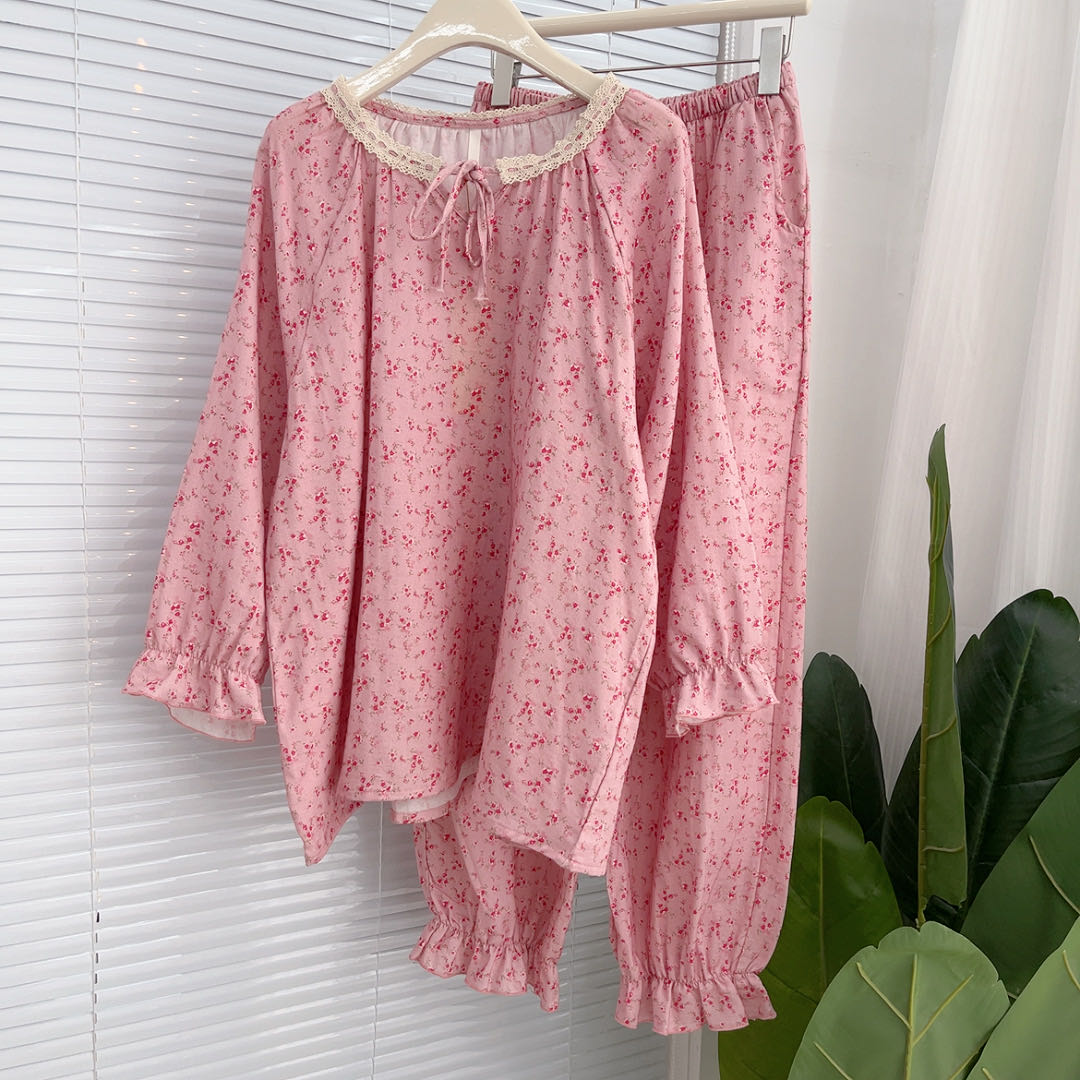 大码双层纱睡衣套装女士全棉纱布长袖200斤家居服春秋季薄款透气