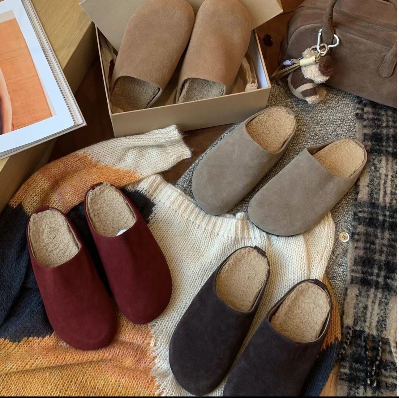 大發【羊毛软乎乎】2024秋季韩版简约加绒时尚百搭勃肯毛拖