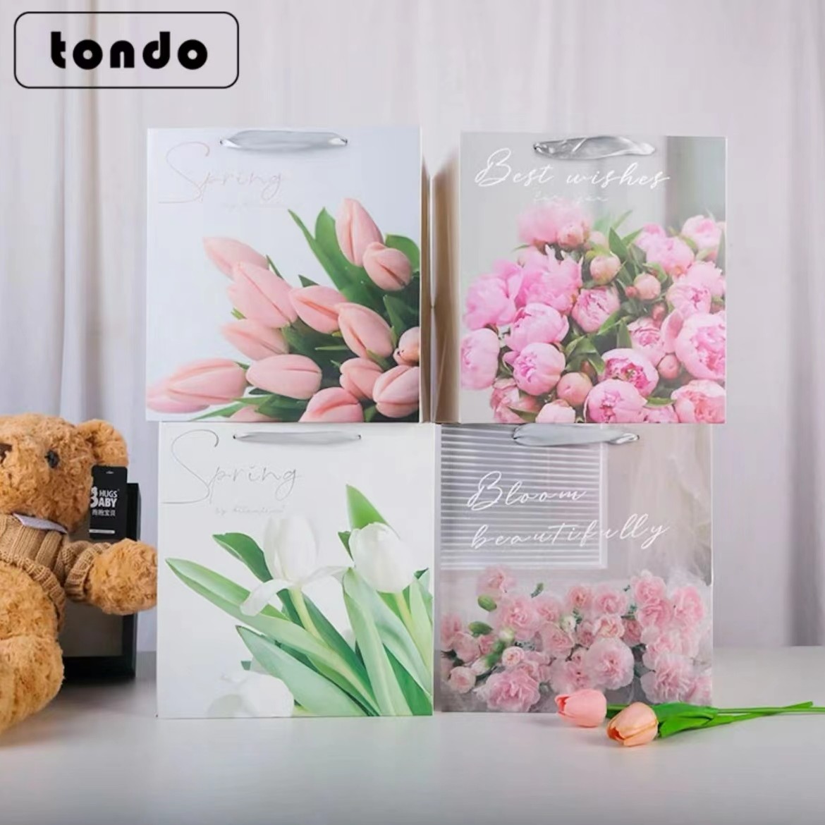 七夕情人节郁金香印花手提袋玫瑰花束包装袋鲜花礼品礼物袋手铃袋