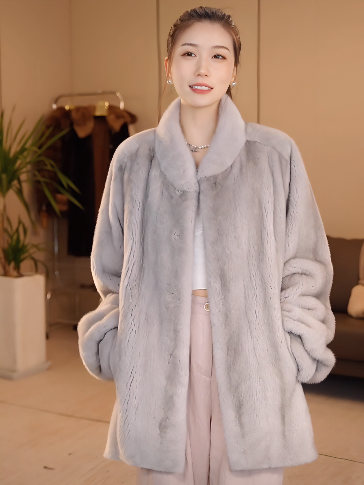 海宁华丽园丹麦进口天鹅绒短二小母貂全手工抽刀水貂时尚H2026