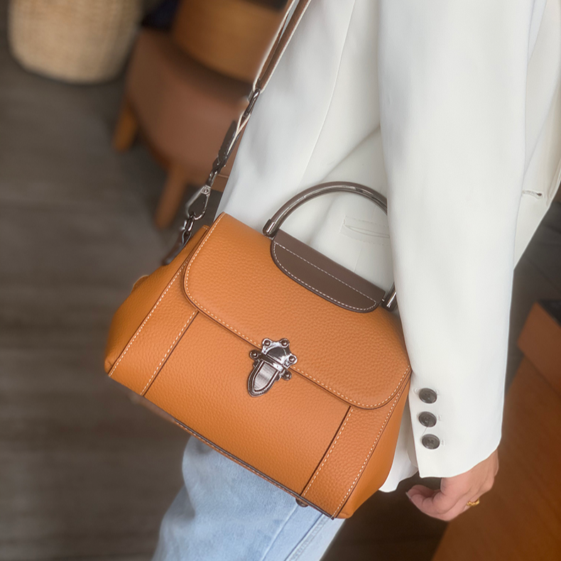 百搭女士真皮牛皮单肩肩包轻奢真皮牛皮荔枝纹经典简约棕色