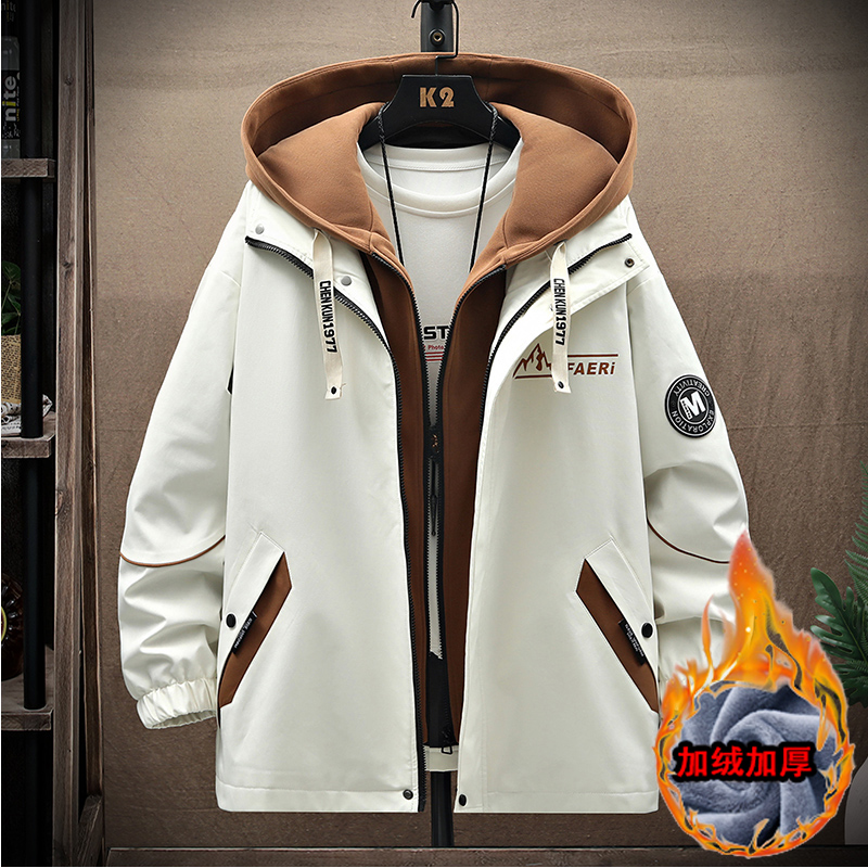 2024秋冬季加绒夹克男士休闲连帽潮流加厚保暖宽松青少年学生外套