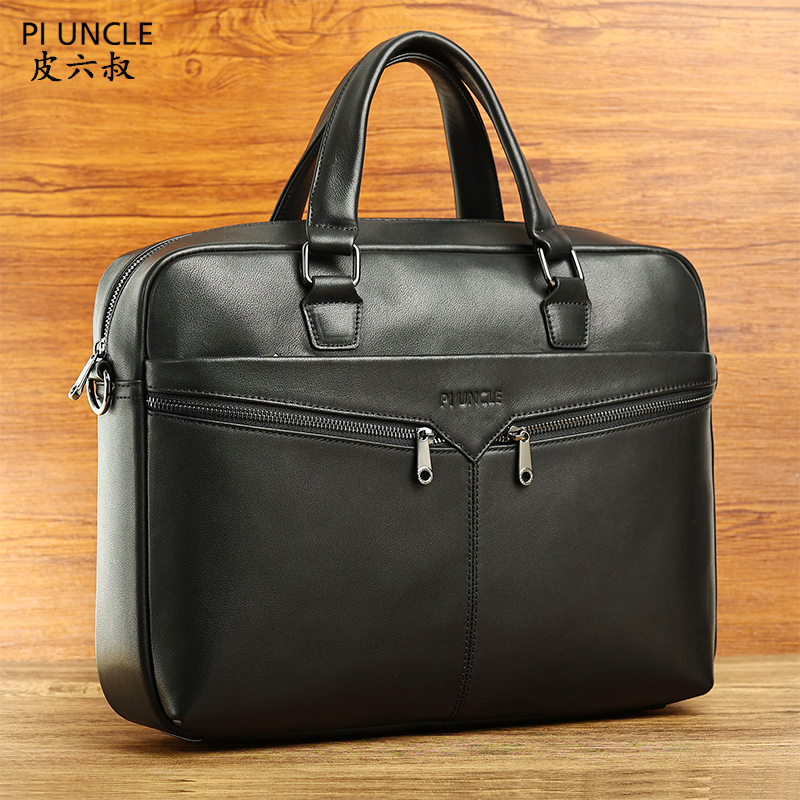 皮六叔新款百搭真皮公文包大容量纯头层牛皮多功能单肩斜挎包高档