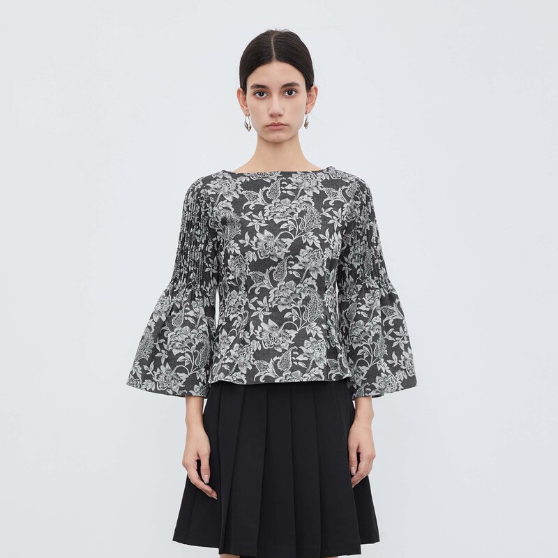 S·DEER圣迪奥秋季印花复古气质宽松设计感喇叭袖衬衫S233Z0566