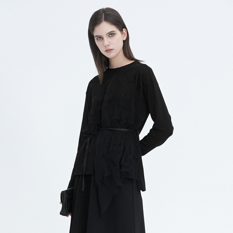 sdeer圣迪奥女装时尚休闲气质圆领肌理网纱收腰长袖T恤S20480201