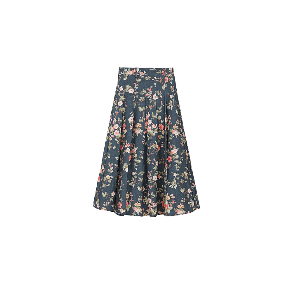 S·DEER圣迪奥百褶显瘦时尚印花复古蓝色碎花女装半身裙S234Z1108