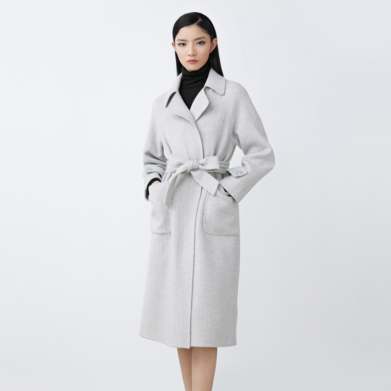 S·DEER圣迪奥女装时尚气质翻领暗条纹收腰长款毛呢大衣S21461816