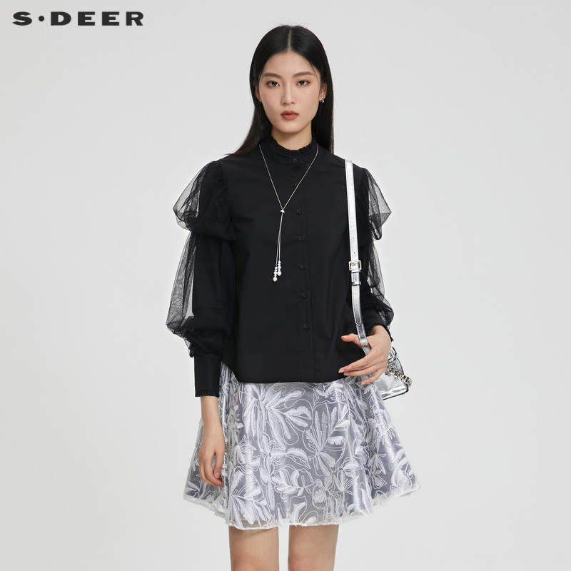 S·DEER圣迪奥女装时尚气质显瘦木耳边圆领网纱长袖衬衫S23180501