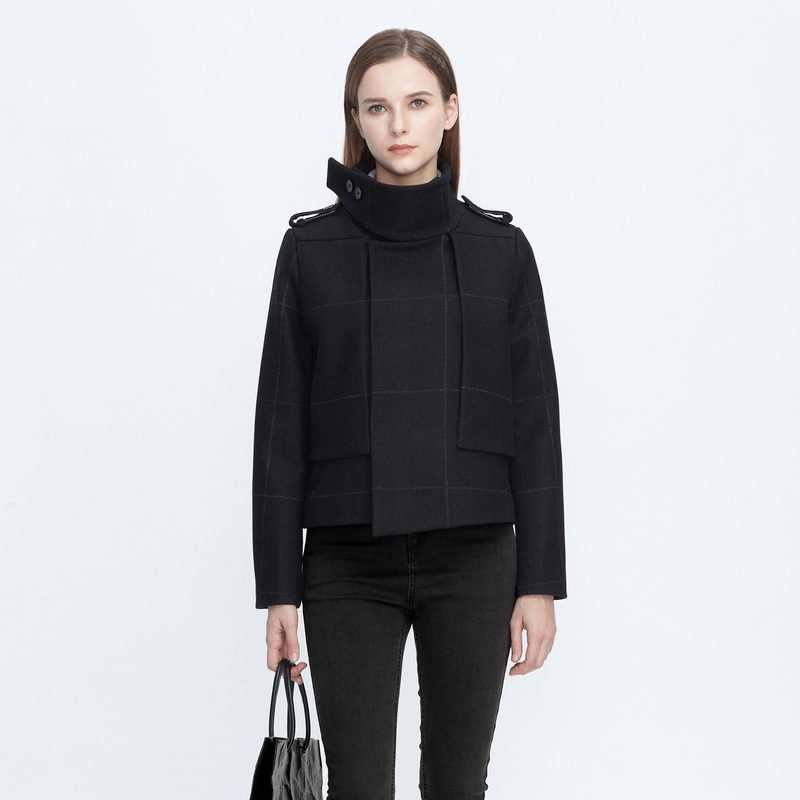 S·DEER圣迪奥女装冬季时尚立领撞色格纹拼接毛呢外套S20482221