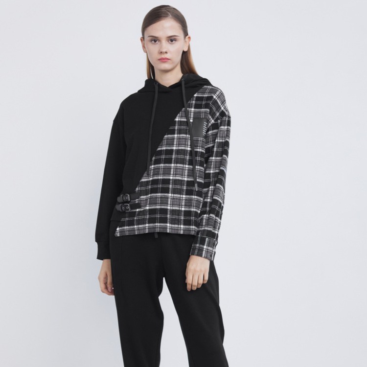 S·DEER圣迪奥女装正品抽绳连帽格纹拼接不规则卫衣外套S21482220