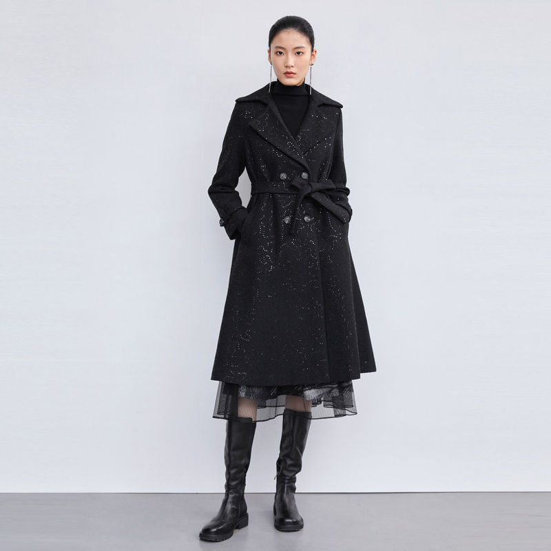 S·DEER圣迪奥女装冬季时尚轻奢休闲翻领收腰长款大衣S224Z2528