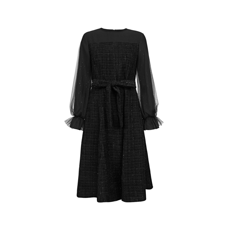 S·DEER圣迪奥时尚显瘦气质优雅小香风收腰网纱连衣裙S224Z1207