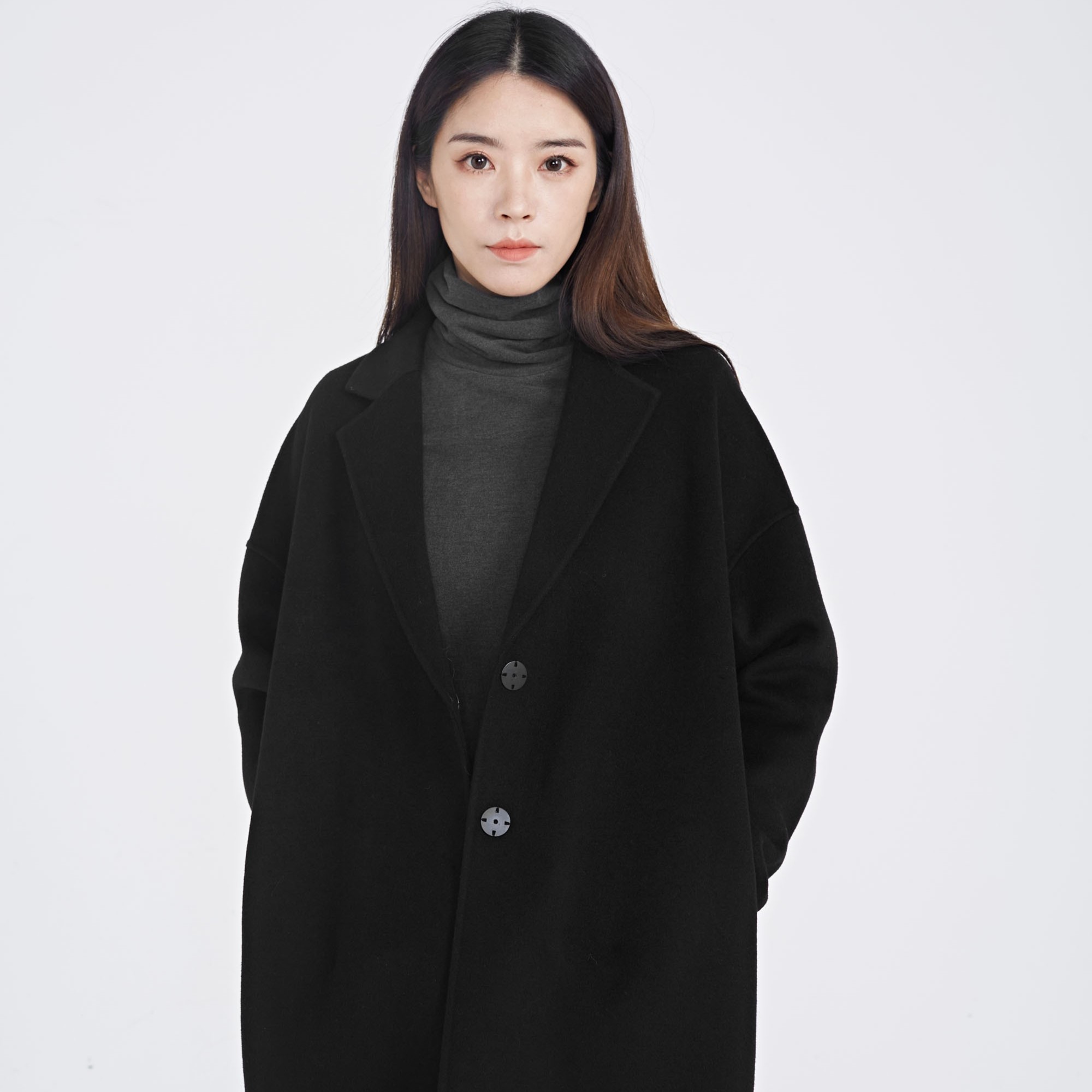 S·DEER圣迪奥女装时尚气质百搭显瘦中长款黑色毛呢外套S214Z1887