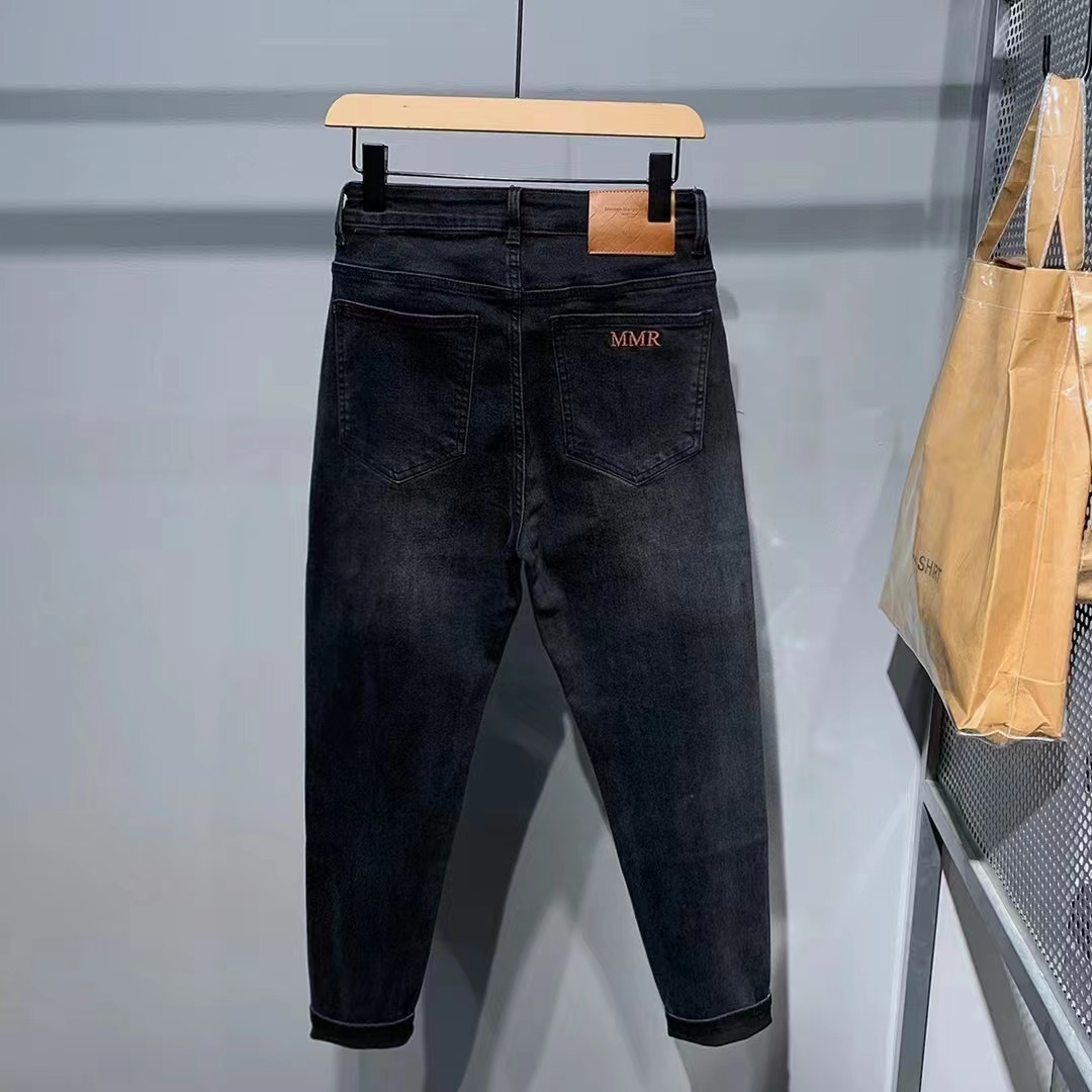 秋冬季新款定制刺绣炭黑色轻奢四面弹力水洗软百搭牛仔裤9353