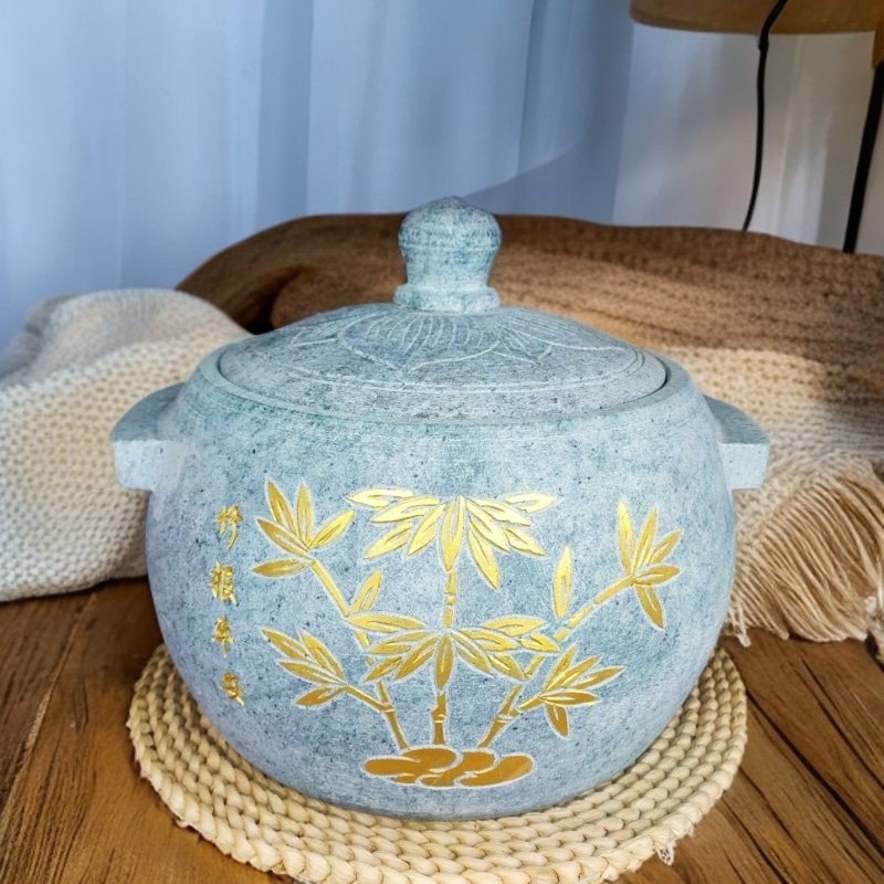 中性皂石手工雕刻竹报平安款墨脱石锅