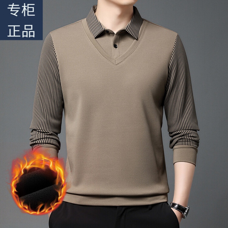 爆款假两件中年男士商务休闲高档真棉卫衣加绒加厚假两件POLO衫打