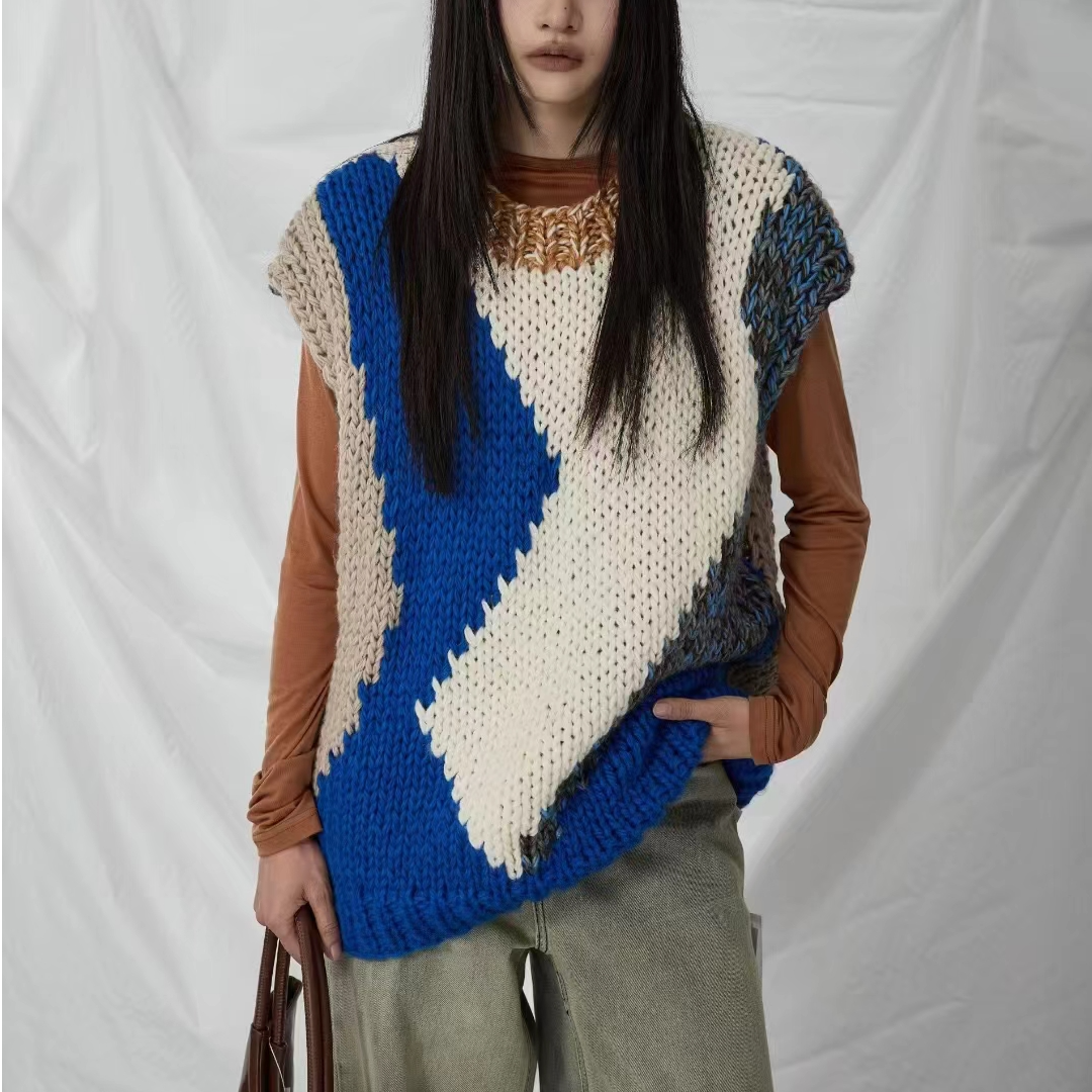 双11爆款萝茜妮嫚时尚百搭圆领无袖套头撞色拼接羊毛宽松毛衣背心