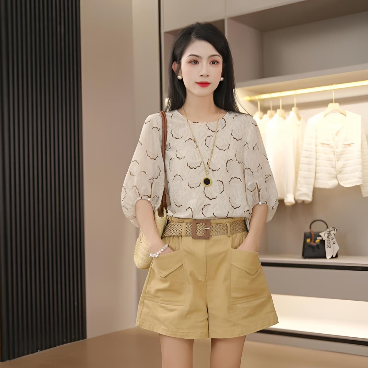【云朵花】2024夏季新款云朵水波纹七分袖气质小衫