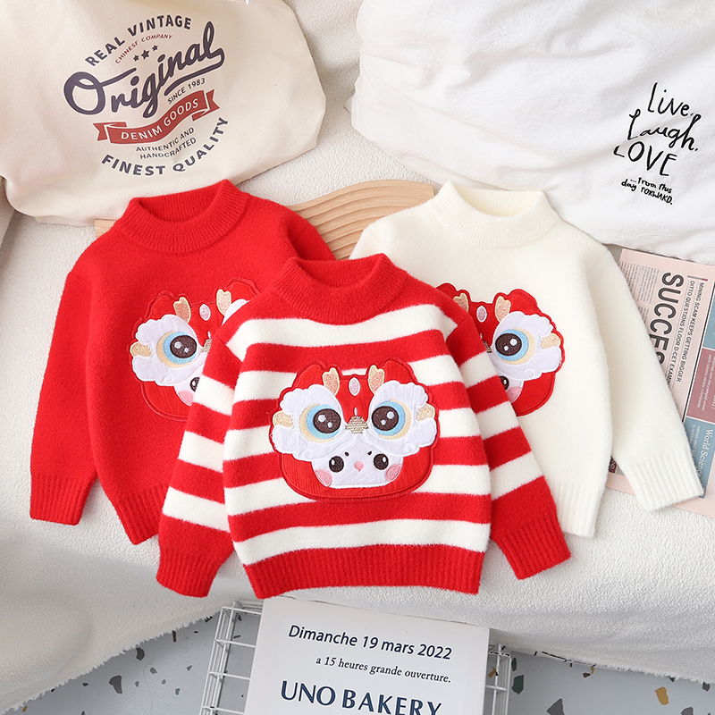 女童毛衣冬季新款中国风宝宝新年洋气加绒加厚保暖男孩过年针织潮