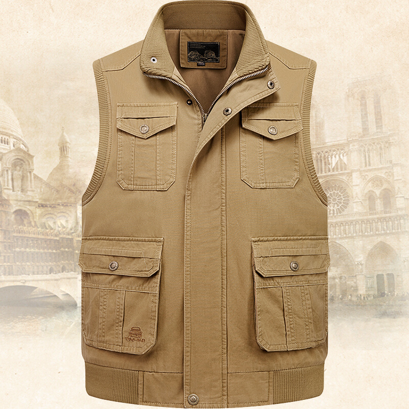 纯棉多口袋男士马甲中老年男装马夹爸爸春秋上衣坎肩户外钓鱼背心