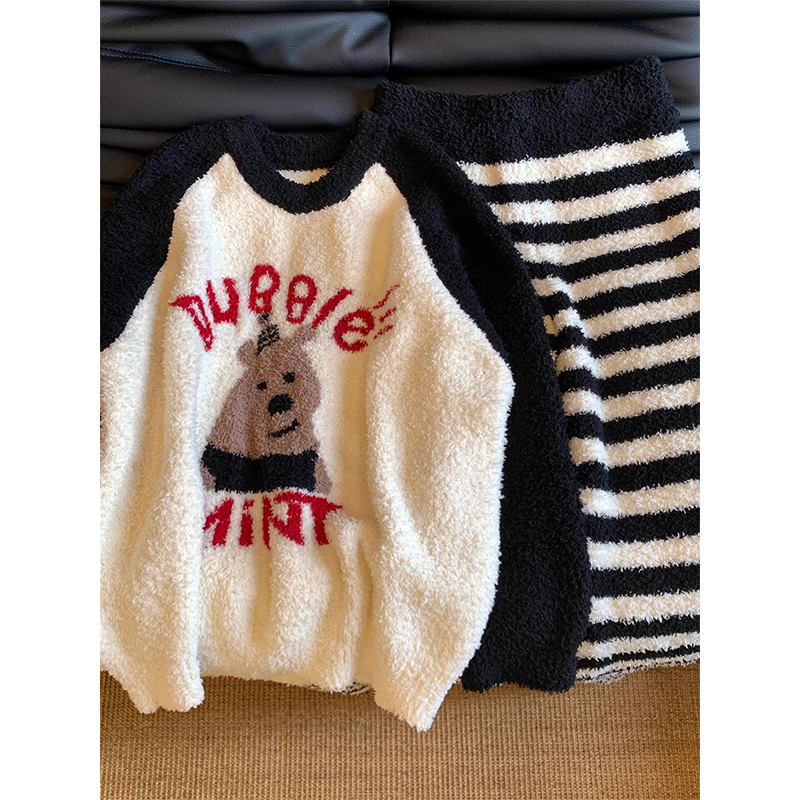 【派对小熊】卡通撞色条纹半边绒睡衣女冬季加厚可外穿家居服套装冬